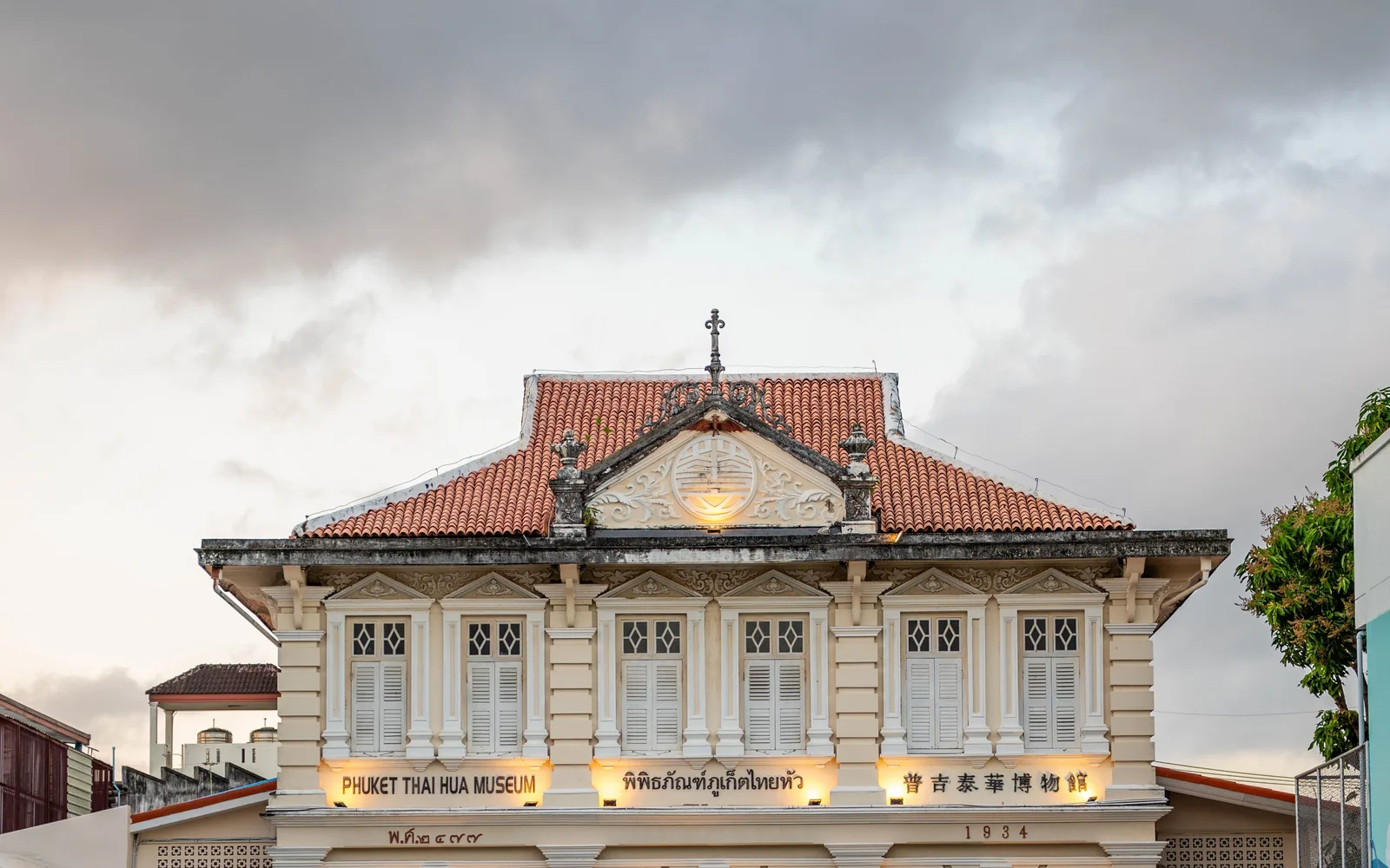 A Sino-Portuguese building in Phuket at dusk